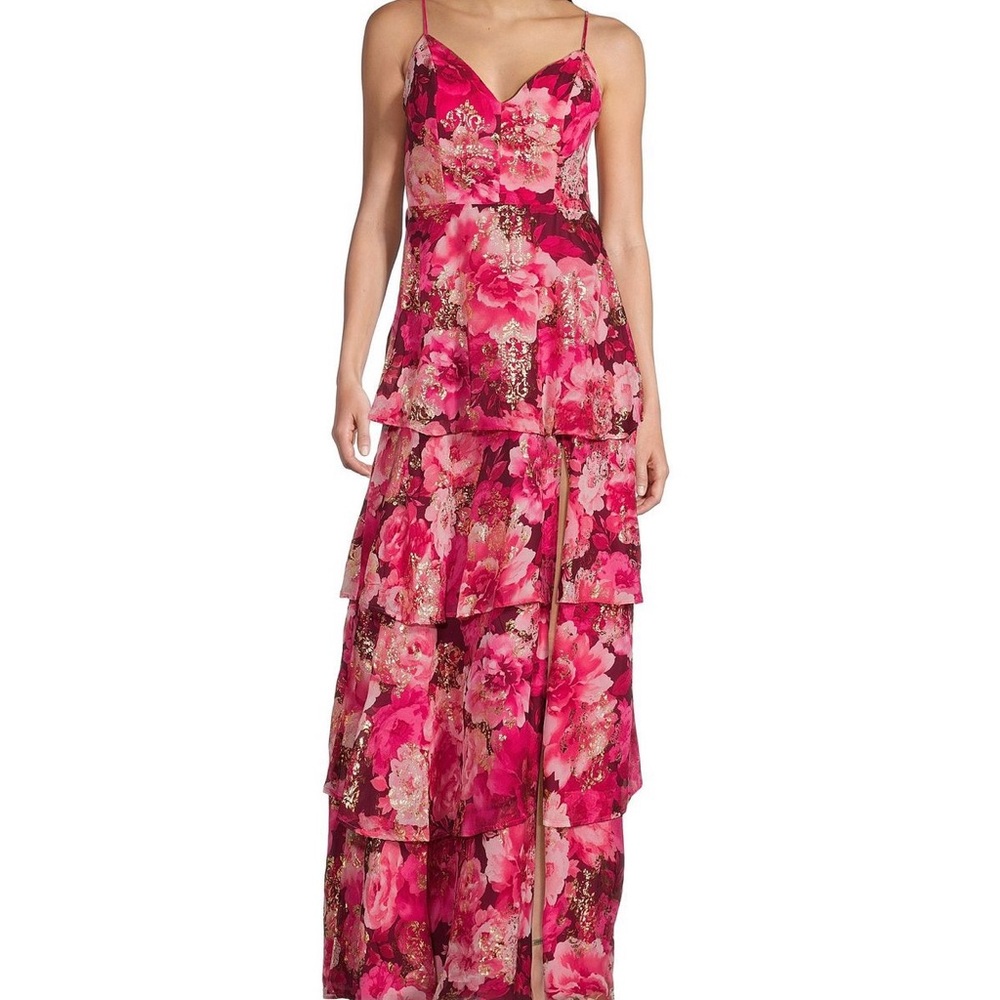 Midnight Doll Floral Chiffon | Neck Tiered slit dress